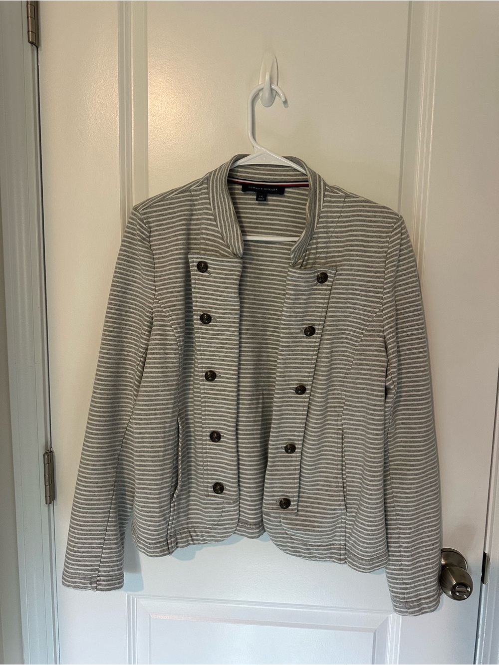 Tommy Hilfiger Gray and White Striped Double-Breasted Knit Blazer - Picture 2 of 6